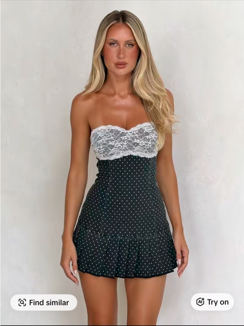 Tiger Mist Black Polka Dot Strapless Mini Dress with White Lace MEDIUM